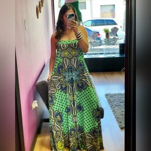 PIA Colors Green Paisley Boho Sleeveless Maxi Dress XL Spandex